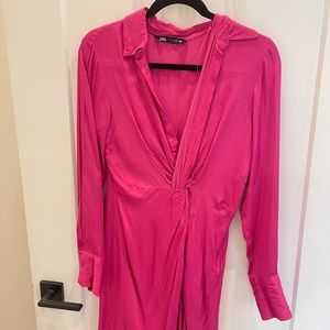 ZARA Pink Satin Long Sleeve Mini Dress